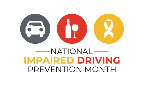 A graphic for National Impaired Driving Prevention Month featuring three colored circles: a gray car, a red bottle and wine glass, and a yellow ribbon.