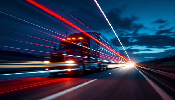 A long-exposure shot of a semi-truck driving down a dark highway at night, with red and white light trails streaking across the frame to indicate high speed.