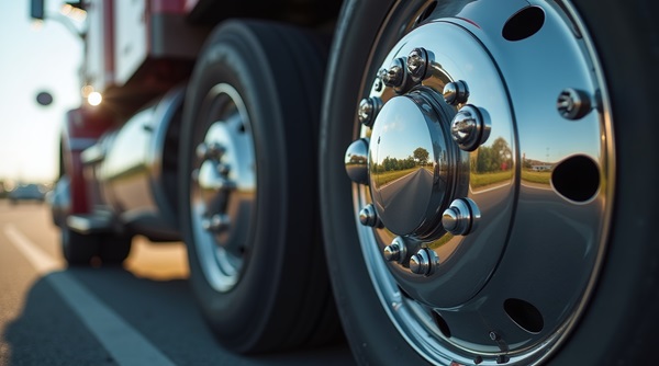 A close-up, low-angle shot of the shiny chrome hubcaps and large black tires of a semi-truck parked on the side of a Jacksonville highway at sunset.