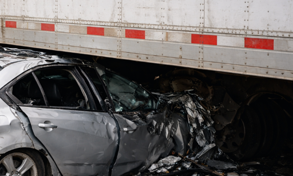 A silver passenger car with a crushed roof and hood wedged deep beneath the side of a large white semi-trailer in a severe underride truck accident.